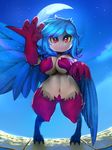  avian blue_hair breasts digital_media_(artwork) feathered_wings feathers female hair harpy hi_res humanoid looking_at_viewer moon navel night outside plantpenetrator red_eyes short_stack sky solo standing star starry_sky terraria wings 