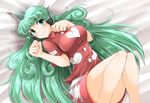  bangs blush breasts cloud_print collarbone commentary_request curly_hair g_(desukingu) green_eyes green_hair horn knees_together_feet_apart komano_aun large_breasts long_hair looking_at_viewer lying on_back paw_pose print_shirt shirt short_sleeves shorts smile solo thick_eyebrows touhou very_long_hair 