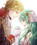  1girl blonde_hair blush brown_eyes camus couple crying epaulettes fire_emblem fire_emblem_echoes:_mou_hitori_no_eiyuuou gloves green_eyes green_hair hair_ornament hetero kaboplus_ko long_hair open_mouth petals portrait simple_background teeta_(fire_emblem) teeth white_background 