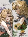  1girl artist_name ayla_(chrono_trigger) bare_shoulders blonde_hair blue_eyes breasts cavewoman chibi chibi_inset chrono_trigger crop_top curly_hair flower full_body fur_cuffs fur_scarf fur_shirt grey_scarf grey_shirt grey_wrist_cuffs hair_over_one_eye highres large_breasts long_hair looking_at_viewer midriff multiple_views parted_lips profile scarf shirt smile solo strapless tube_top upper_body uzutanco v_arms 