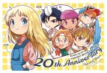  1girl 5boys animal anniversary baseball_cap bird black_eyes black_hair blonde_hair blue_eyes blue_overalls bokujou_monogatari bokujou_monogatari:_mineral_town_no_nakama_tachi brown_eyes brown_hair brown_jumpsuit character_name chibi chibi_inset chicken claire_(bokujou_monogatari) cliff_(bokujou_monogatari) collared_shirt colored_tips dated doctor_(bokujou_monogatari) glass gray_(bokujou_monogatari) green_shirt hands_in_pockets hat head_mirror headband holding holding_animal holding_bird holding_mallet jumpsuit kai_(bokujou_monogatari) long_hair mallet multicolored_hair multiple_boys open_mouth orange_eyes orange_hair overalls ponytail posca purple_bandana purple_eyes rick_(bokujou_monogatari) shirt short_hair smile upper_body web_address white_headband 