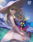  artist_name bag bangs blonde_hair blue_sky braid breasts calligraphy_brush calligraphy_brush_(medium) clenched_hand cloud cloudy_sky commentary cosmog cowboy_shot day dress duffel_bag gen_7_pokemon green_eyes hat highres lillie_(pokemon) logan_cure long_hair looking_at_viewer making_of nose ocean open_mouth paintbrush parted_lips patreon_logo patreon_username poke_ball_theme pokemon pokemon_(creature) pokemon_(game) pokemon_sm realistic red_lips sky sleeveless sleeveless_dress small_breasts sun_hat sundress sunlight twin_braids water watermark white_dress white_hat 