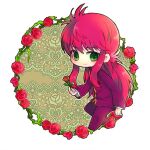  1boy chibi closed_mouth flower full_body gold_trim green_eyes holding holding_flower kh_524 kurama_(yu_yu_hakusho) long_hair long_sleeves low_ponytail male_focus pants purple_pants purple_shirt red_flower red_hair red_rose rose shirt sidelocks smile solo yu_yu_hakusho 