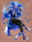  1boy belt bird_mask black_mask black_pants black_vest blue_coat blue_eyes blue_feathers blue_hair blue_sash blue_wings braid brown_background chain_paradox closed_mouth coat crossed_legs crown_braid domino_mask eula_tweedia falling_feathers feathered_wings feathers full_body head_wings highres holding holding_mask invisible_chair lapels long_hair long_sleeves looking_at_viewer low_wings male_focus mask notched_lapels open_hand outstretched_arm pants patterned_clothing ponponpananda sash sheath sheathed shirt sitting sleeve_cuffs smile solo swept_bangs sword turtleneck unworn_mask vest weapon white_belt white_footwear white_shirt wings 