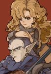  1boy 1girl artist_name ayla_(chrono_trigger) bare_shoulders blonde_hair blue_eyes brown_gloves cavewoman chrono_trigger closed_mouth curly_hair frown fur_cuffs fur_scarf fur_shirt fur_skirt furrowed_brow gloves grey_hair grey_scarf grey_shirt grey_skirt grey_wrist_cuffs hair_slicked_back hands_on_another&#039;s_head highres holding holding_weapon light_smile long_hair looking_at_viewer magus_(chrono_trigger) pointy_ears red_background scarf shirt skirt tooth_earrings upper_body uzutanco weapon 
