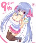  bangs black_legwear blue_hair blush breasts camisole character_name cleavage collarbone commentary_request dated eating eyebrows_visible_through_hair food full_body hair_between_eyes hands_up heart highres holding holding_food holding_spoon huge_breasts ice_cream knees_together_feet_apart long_hair looking_at_viewer miniskirt original pink_eyes pink_skirt pleated_skirt riko_(shuz) shuz_(dodidu) skirt solo spoken_heart spoon thighhighs thighs twintails twitter_username very_long_hair wafer_stick 