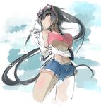  adjusting_clothes adjusting_gloves alternate_costume black_hair breasts closed_mouth commentary_request denim denim_shorts edogawa_nao from_below glove_pull gloves highres kantai_collection large_breasts long_hair looking_afar ponytail purple_eyes red_eyes shorts sidelocks simple_background sketch solo sunglasses underboob very_long_hair white_background white_gloves yahagi_(kantai_collection) 