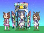  3girls :&gt; ahoge animal_ears black_sclera blue_hair bow bowtie braid bright_pupils brown_footwear brown_hair cesario_(umamusume) chibi colored_sclera commentary_request crown_braid daring_tact_(umamusume) ear_bow ear_ornament frilled_skirt frills gate hands_on_own_hips horse_ears horse_girl horse_tail jacket loafers looking_at_viewer medium_hair mr._ebidou multiple_girls open_clothes open_gate open_jacket pleated_skirt puffy_short_sleeves puffy_sleeves purple_bow purple_bowtie purple_hair purple_shirt sailor_collar school_uniform shirt shoes short_hair short_sleeves skirt special_week_(umamusume) summer_uniform tail thighhighs tracen_school_uniform umamusume white_hair white_sailor_collar white_skirt white_thighhighs 