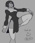  1girl absurdres bone_nig greyscale highres leg_up looking_at_viewer monochrome nerine_(explosifchoker) nun short_hair side_slit signature smile 