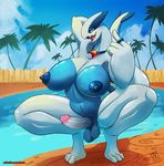  anthro areola armpits big_breasts blue_eyes blue_nipples blush breasts crouching game_(disambiguation) hand_behind_head legendary_pok&eacute;mon looking_at_viewer lugia nintendo nipples open_mouth outside palm_tree pok&eacute;ball pok&eacute;mon pok&eacute;morph solo spread_legs spreading tree video_games zwitterkitsune 