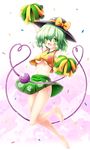  :d adapted_costume arm_up bare_legs bare_shoulders barefoot blush bow breasts cheerleader confetti crop_top floral_print full_body green_eyes green_hair green_skirt hat hat_bow heart heart_background heart_of_string highres komeiji_koishi legs medium_breasts midriff navel open_mouth osashin_(osada) pom_poms shirt skirt smile solo third_eye touhou underboob upshirt yellow_shirt 