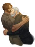  2boys absurdres arm_hair bara beard cassidy_(overwatch) cdmyum0 couple cropped_legs dark-skinned_male dark_skin facial_hair from_side full_beard hand_on_another&#039;s_shoulder highres hug kiss kissing_forehead leaning_on_person looking_at_viewer male_focus mature_male multiple_boys mutual_hug old old_man overwatch pants profile scar scar_on_face scar_on_forehead short_hair soldier:_76_(overwatch) thick_beard thick_eyebrows thick_mustache white_hair yaoi 
