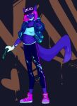 abstract_background anthro blue_body blue_bottomwear blue_clothing blue_fur blue_jacket blue_pants blue_topwear bottomwear clothed clothing corzh77 dragon female footwear front_view full-length_portrait fur furred_dragon grin hair hi_res jacket looking_at_viewer pants pink_clothing pink_footwear pink_hair pink_shoes portrait shoes smile solo standing topwear yellow_eyes