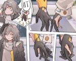  2girls black_gloves black_jacket blush closed_mouth commentary gloves grey_hair grey_shirt holding_hands honkai:_star_rail honkai_(series) interlocked_fingers jacket long_hair long_sleeves march_7th_(honkai:_star_rail) multiple_girls notice_lines oajmrhxywlj3ugx one_eye_closed partially_fingerless_gloves shirt speech_bubble stelle_(honkai:_star_rail) trailblazer_(honkai:_star_rail) translation_request yellow_eyes yuri 