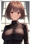  1girl blush bodysuit border breasts brown_eyes brown_hair curtains day hair_between_eyes highres hyuuga_(kancolle) indoors kantai_collection large_breasts long_sleeves looking_at_viewer shiromaru_(maniado) short_hair smile solo upper_body white_border window 