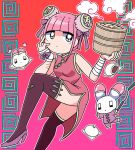  1girl animal bandaged_arm bandaged_hand bandages bandaid bandaid_on_leg blunt_bangs bun_cover china_dress chinese_clothes dress ezaki_bisuko food gradient_background hand_on_own_cheek hand_on_own_face holding holding_food menhera-chan_(ezaki_bisuko) menhera-chan_(ezaki_bisuko)_(character) nunchaku orange_background outline pantyhose pink_background pink_dress pink_hair purple_footwear purple_pantyhose purple_ribbon rabbit ribbon self-harm_scar short_hair sidelocks smoke usatan_(ezaki_bisuko) weapon white_outline 