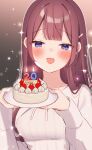  1girl absurdres birthday_cake blue_eyes blush cake candle cardigan food hair_ornament hairclip highres holding holding_food jewelry long_hair long_sleeves looking_at_viewer necklace open_mouth sakuraba_waka simamura_hibari waka-chan_wa_kyou_mo_azatoi white_cardigan 