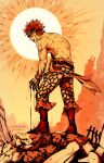  1boy angry blank_eyes blood blood_on_hands boots eustass_kid facing_ahead from_side goggles goggles_on_head highres male_focus one_piece orange_theme pants print_pants profile red_hair short_hair solo standing sun tipe_(mementomoli) topless_male 