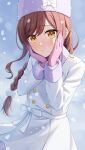  1girl :t blush braid closed_mouth coat fur-trimmed_coat fur_hat fur_trim gloves hands_on_own_cheeks hands_on_own_face hat highres idolmaster idolmaster_shiny_colors kurageso long_hair long_sleeves looking_at_viewer official_alternate_costume official_alternate_hairstyle osaki_amana pink_gloves pout red_hair single_braid solo swept_bangs white_coat yellow_eyes 