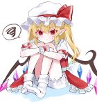  1girl :t aorin_oekaki blonde_hair bloomers blush bobby_socks bow crossed_arms crystal flandre_scarlet frilled_skirt frills hat hat_bow highres hugging_own_legs knees_up long_hair mob_cap no_shoes one_side_up pointy_ears red_eyes short_sleeves sitting skirt socks solo spoken_squiggle squiggle sweat touhou wings wrist_cuffs 