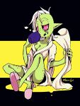 4_fingers ahiru621 alien alien_humanoid bathrobe breasts cleavage clothed clothing disney female fingers footwear freckles green_body green_skin hair half-closed_eyes humanoid humanoid_pointy_ears long_hair lord_dominator mug narrowed_eyes noseless not_furry open_mouth pink_sclera robe shoes sitting slippers solo towel wander_over_yonder white_hair