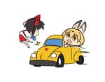  altronage animal_ears black_hair blue_gloves bow bowtie bumblebee car commentary_request crash driving gloves ground_vehicle kemono_friends motor_vehicle multiple_girls open_mouth serval_(kemono_friends) serval_ears simple_background starscream transformers volkswagen_beetle white_background 