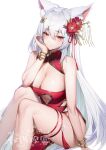  1girl animal_ears bare_shoulders blush bracelet breasts china_dress chinese_clothes chinese_commentary chinese_text cleavage dress hair_ornament henz highres jewelry long_hair mole mole_on_breast original red_eyes simple_background sitting solo white_background white_hair 