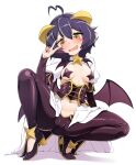  +_+ 1girl absurdres ahoge bat_wings black_hair black_pasties breastless_clothes breasts cameltoe commentary_request corset demon_girl fang forward_facing_horns full_body high_heels highres hiiragi_utena looking_at_viewer magia_baiser mahou_shoujo_ni_akogarete matatabi_(2ccp) navel open_mouth pasties shrug_(clothing) small_breasts smile solo squatting star_pasties sweat v wings yellow_eyes 