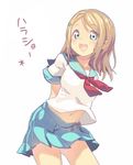  arms_behind_back ayase_arisa blonde_hair blue_eyes blue_skirt blush breasts commentary_request cowboy_shot eyebrows_visible_through_hair hair_ornament hairclip legs_apart love_live! love_live!_school_idol_project medium_breasts navel neckerchief open_mouth pleated_skirt red_neckwear round_teeth school_uniform serafuku short_hair simple_background skirt sleeve_cuffs solo standing teeth translated upper_teeth white_background yoo_(tabi_no_shiori) 