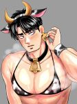  1boy absurdres animal_ears animal_print bara bell bikini black_collar black_hair collar commentary_request cow_ears cow_horns cow_print cow_print_bikini cowbell ear_tag fake_animal_ears fake_horns grey_background highres horns kaiji korean_commentary looking_to_the_side male_focus medium_bangs murakami_tamotsu muscular neck_bell open_mouth pectorals print_bikini short_hair simple_background solo swimsuit upper_body white_eyes wristband yellow_horns yologyeolseogchung-gyeogpaswaeseogsul 