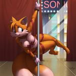  2017 anthro armpits blue_eyes breasts canine clothing crossgender dancing dipstick_tail feet female fox fur gloves humanoid_feet kevinsano mammal melissa_&quot;tailsko&quot;_prower miles_prower multicolored_tail navel open_mouth orange_fur plantigrade pole pole_dancing ribbons slightly_chubby solo sonic_(series) voluptuous 
