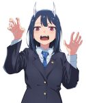  1girl aoki_ruri blazer blue_hair blue_necktie fangs hands_up highres horns jacket knew_nothing long_sleeves necktie open_mouth red_eyes ruri_dragon school_uniform simple_background solo upper_body white_background 