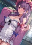  1girl blush book book_stack bookshelf bow breasts cleavage collarbone hair_bow hat highres indoors large_breasts looking_at_viewer mob_cap patchouli_knowledge pink_eyes purple_eyes purple_robe robe sidelocks solo touhou white_chemise wowoguni 