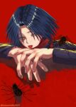  1boy :p absurdres animal animal_on_shoulder black_cloak blue_hair bug cloak commentary drop_shadow feitan_portor fingernails hair_over_eyes highres hunter_x_hunter long_sleeves looking_at_viewer male_focus own_hands_together parted_bangs portrait red_background short_hair simple_background spider tongue tongue_out turtleneck twitter_username yamamor12490807 yellow_eyes 