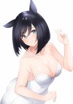  1girl alternate_costume animal_ears bare_shoulders black_hair blue_eyes blush bob_cut breasts cleavage closed_mouth commentary_request dress eishin_flash_(umamusume) highres horse_ears horse_girl large_breasts looking_at_viewer miya_star_saa short_hair simple_background smile solo strapless strapless_dress umamusume white_background white_dress 