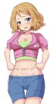  1girl absurdres blue_eyes blue_shorts breasts brown_hair cropped_jacket cropped_shirt green_shirt highres jacket looking_at_viewer maho_(corotonton5150) navel open_mouth pink_jacket pokemon pokemon_xy serena_(pokemon) shirt shorts small_breasts smile solo white_background 