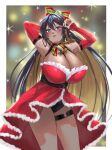  1girl absurdres arms_up bell belt black_hair blonde_hair blue_eyes blurry blurry_background blush border breasts christmas cleavage colored_inner_hair dark-skinned_female dark_skin fingerless_gloves frills fujisaki_subaru gauntlets gloves goddess_of_victory:_nikke highres huge_breasts legs looking_at_viewer multicolored_hair multicolored_nails multiple_belts nail_polish noise_(nikke) red_nails ribbon showgirl_skirt solo sparkle thigh_strap twitter_username white_border white_nails 