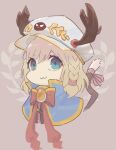  1girl :3 blonde_hair blue_capelet blue_eyes bow bowtie braid brown_background capelet cat_girl cat_tail closed_mouth commentary_request fake_antlers furry furry_female gold_trim hat laurels looking_at_viewer medium_bangs peaked_cap pi_(pyaaaro) ragnarok_online red_bow red_bowtie short_hair side_braid single_braid smile solo summoner_(ragnarok_online) tail upper_body white_headwear 