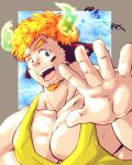  1boy alternate_hair_color animal_ears bara cow_boy cow_ears cow_horns eye_black facial_hair fiery_horns forked_eyebrows glowing_horns goatee horns inset_border large_pectorals male_focus muscular muscular_male orange_hair pectoral_cleavage pectorals smile solo spiked_hair tank_top tatsumonji_yukara thick_eyebrows tokyo_afterschool_summoners upper_body wakan_tanka waving yellow_tank_top 