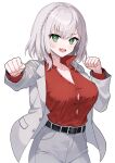  1girl absurdres belt black_belt breasts buttons choker cleavage clenched_hands contrapposto cosplay dress_shirt fighting_stance green_eyes grey_hair grey_jacket highres hirayu721 hololive jacket kiryu_kazuma kiryu_kazuma_(cosplay) large_breasts looking_at_viewer red_shirt ryuu_ga_gotoku_(series) ryuu_ga_gotoku_1 ryuu_ga_gotoku_kiwami shirogane_noel shirt simple_background smile snowflake_necklace virtual_youtuber white_background 