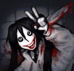  1girl alternate_costume alternate_hair_color black_eyes black_hair blood blood_on_wall blood_on_weapon creepypasta grey_hoodie hatsune_miku holding holding_knife hood hoodie jeff_the_killer knife lobotoloid pale_skin red_lips solo twintails v vocaloid weapon 
