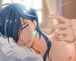  1boy abs blue_hair dark-skinned_male dark_skin earrings eyepatch genshin_impact hair_between_eyes highres ieneko13 jewelry kaeya_(genshin_impact) long_hair male_focus muscular muscular_male nipples pillow smile solo twitter_username 