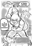 anthro bangs bone_frill bottomwear breasts ceratopsian cleavage clenched_teeth clothed clothing comic dialogue dinosaur duo facial_horn female fist frill_(anatomy) goncheeto goodbye_volcano_high grin hadrosaurid hair head_crest head_frill horn i_wani_hug_that_gator jacket long_tail looking_at_viewer mia_(iwhtg) monochrome muscular muscular_anthro nose_horn one_eye_closed ornithischian pants parasaurolophus reptile scalie shirt smile spanish_text speech_bubble spiked_tail spikes spikes_(anatomy) tail tank_top teeth text topwear triceratops trish_(gvh)