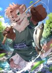 2024 absurd_res agitoryuusaki anthro brown_body brown_fur bulge clothing fish fishing fishing_rod fur hair hi_res lifewonders looking_at_viewer male mammal marine mustelid one_eye_closed otter otter_(tas) solo tail tokyo_afterschool_summoners topwear underwear water