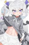  1girl abs blush closed_mouth fang fang_out fingerless_gloves gloves highres kedama_(ughugjydthjdf) kemono_friends navel purple_eyes short_hair short_twintails skirt slit_pupils solo stomach twintails white_dragon_(kemono_friends) white_gloves white_hair white_skirt 