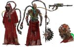  1boy adeptus_mechanicus back_splitting_open commentary concept_art cyborg damaged deep_wound english_commentary extra_arms full_body glowing glowing_eyes green_eyes gun guro highres holding holding_gun holding_staff holding_weapon hood injury male_focus mechanical_arms multiple_views patchwork_clothes phoebe_herring red_hood red_robe robe slime_(substance) solo staff tan techpriest tendril tendrils_from_back tentacles tube warhammer_40k weapon 