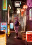  alley kouka_(mrakano5456) lantern looking_at_viewer looking_back neon_lights original pink_hair red_eyes short_hair sign solo translation_request 