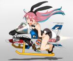 1girl animal_ears bare_legs black_bow black_bowtie black_leotard blue_hair bow bowtie breasts fake_animal_ears get gradient_background grey_background gun kitsuneno_denpachi leotard multicolored_hair open_mouth original pink_hair red_eyes riding small_breasts snowmobile solo strapless strapless_leotard streaked_hair stuffed_animal stuffed_boar stuffed_toy teeth thick_eyebrows two-tone_hair weapon 