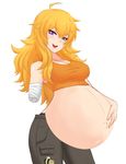  1girl amputee bandage bare_shoulders bee blonde_hair blush breasts cleavage cslucaris long_hair looking_at_viewer medium_breasts midriff navel open_mouth pants photoshop pregnant purple_eyes rwby smile solo spoilers stomach tank_top yang_xiao_long 