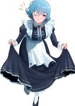  1girl absurdres alternate_costume black_footwear blue_hair breasts commentary_request full_body highres leaning_forward lifted_by_self long_sleeves looking_at_viewer maid red_eyes simple_background solo tatara_kogasa tongue tongue_out touhou urizaku3 white_background 